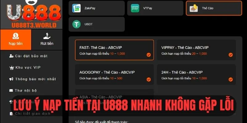 Lưu ý nạp tiền tại U888 nhanh không gặp lỗi